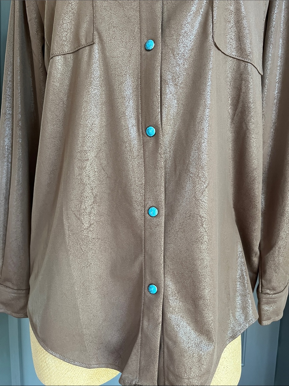 Brown Shimmery Leather Look Pearl Snap Shirt with Turquoise Snaps NWOT - Picture 4 of 9